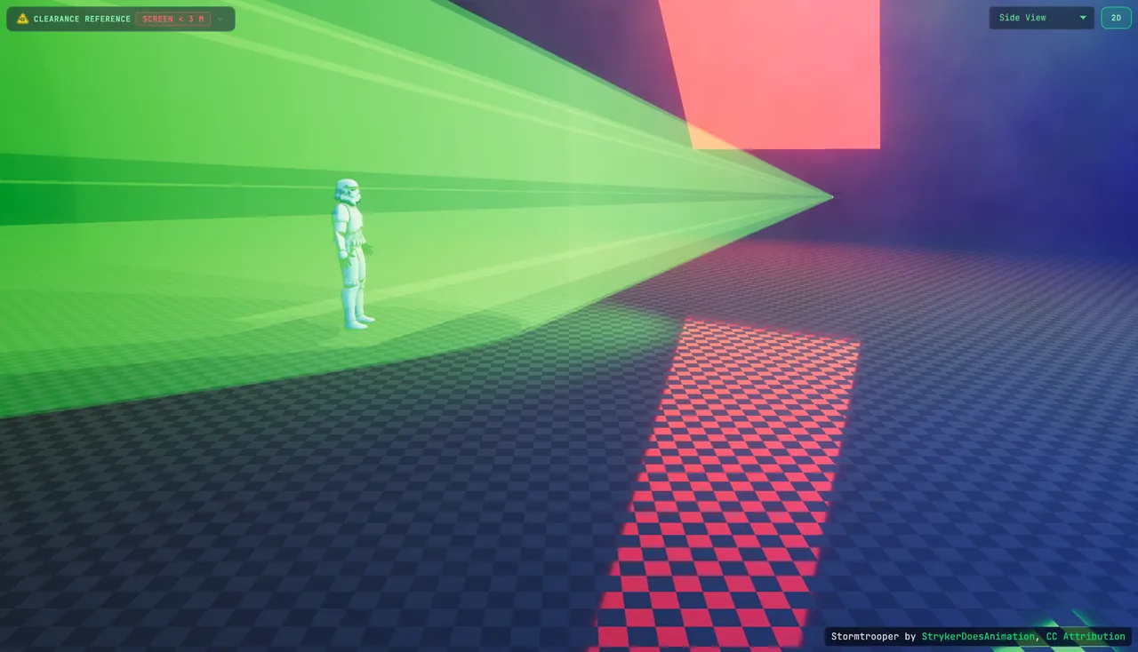 Side View in the BeamTracer ILDA Viewer with the preview screen off: the green dolphin beams leave the projector and carry on at full brightness past a standing human figure