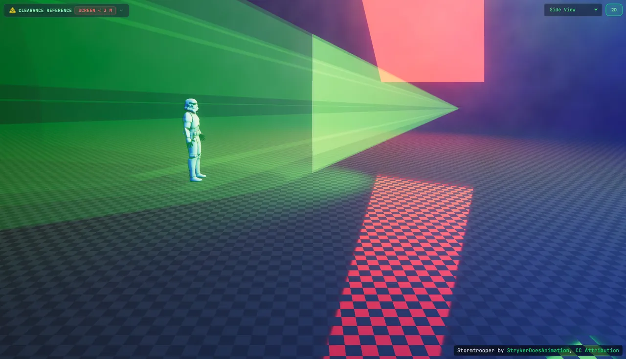 The same Side View with the preview screen on: the green beams are brightest where they land on the screen, and only a faint continuation carries on toward the figure