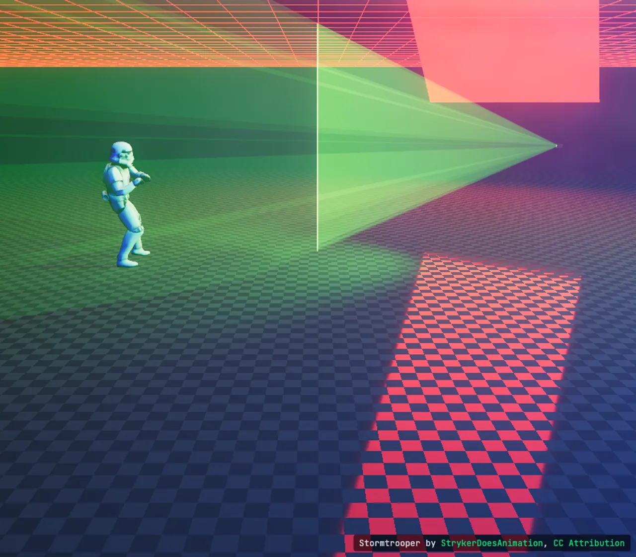 Laser show safety planning in BeamTracer's Cinema view — the red 3.0 m audience clearance grid drawn above the venue floor, a green laser fan passing above head height, and a correctly scaled 1.7 m human figure standing beneath it for reference