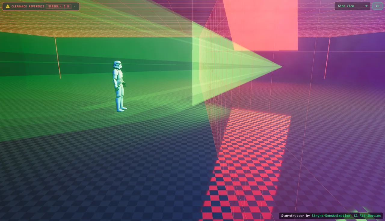 Side View in the BeamTracer ILDA Viewer with both clearance zones on: the preview screen sits at 1.5 m, the Clearance reference badge reads Screen under 3 m, and the green dolphin beams run at head height toward a standing human figure inside the red zones