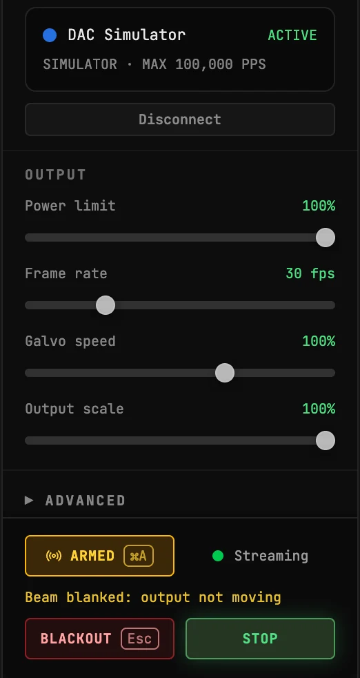 The LASER OUTPUT panel in the BeamTracer ILDA Viewer driving the DAC Simulator: ARMED and Streaming, the notice Beam blanked: output not moving, and the BLACKOUT and STOP buttons