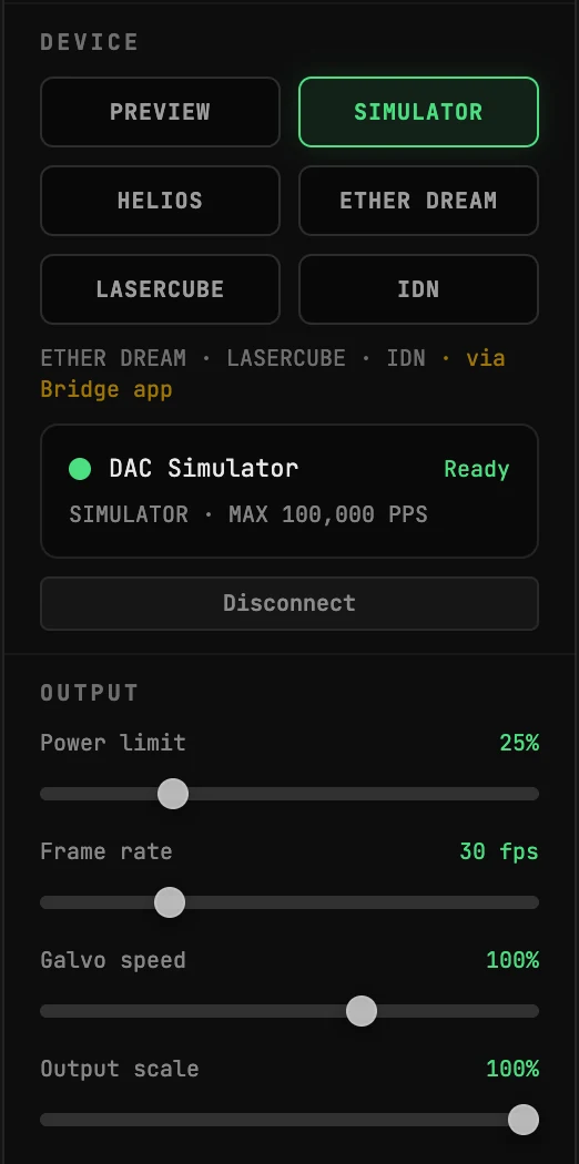 The LASER OUTPUT panel in the BeamTracer ILDA Viewer with the DAC Simulator connected and the Power limit slider turned down to 25%