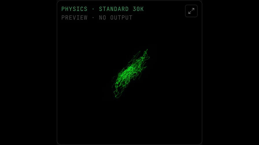 OSC-1's output preview, with Mirrors on PHYSICS, drawing ordinary stereo music as a small tangled cluster of lines on a diagonal