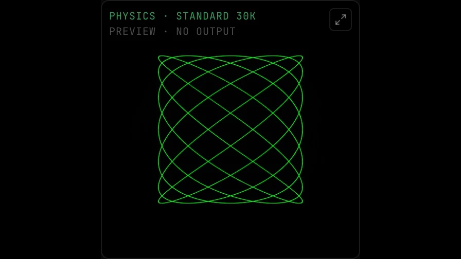 The same preview drawing oscilloscope music as a clean woven Lissajous figure that fills a square