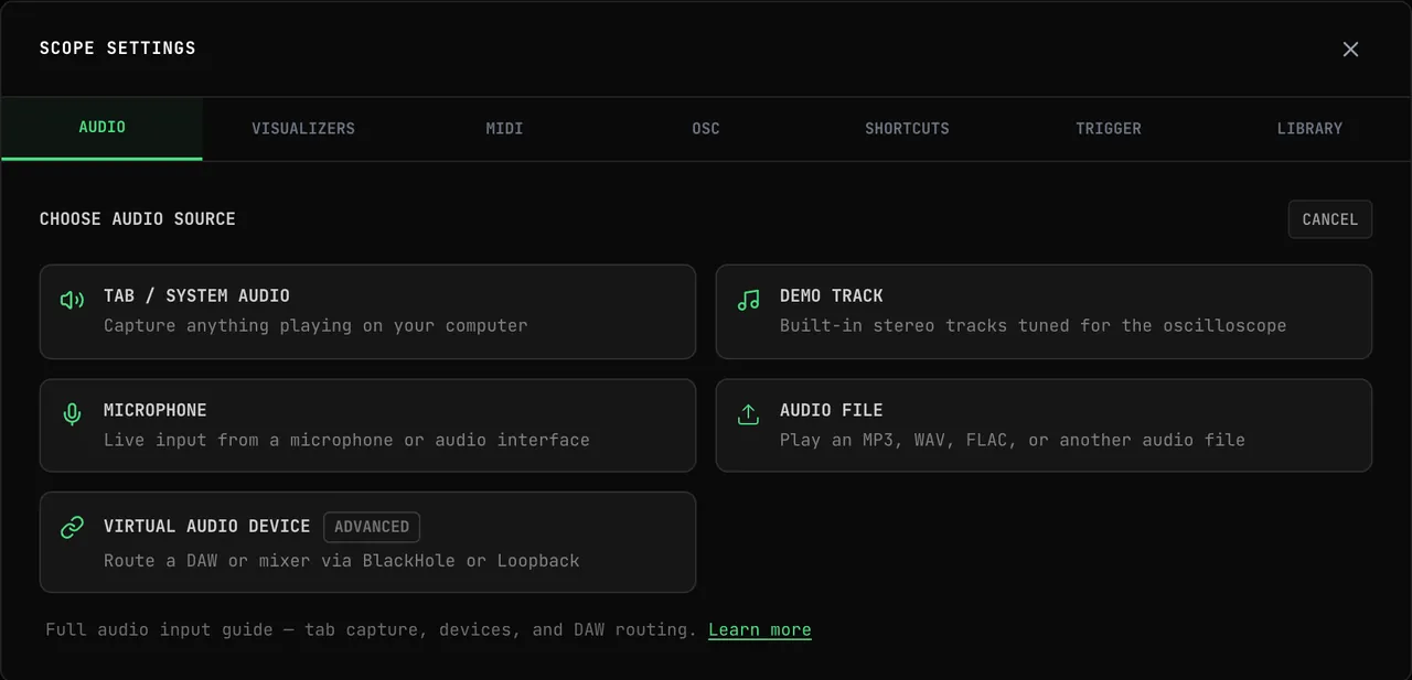 OSC-1's SCOPE SETTINGS dialog on the AUDIO tab, headed CHOOSE AUDIO SOURCE, with five cards: TAB / SYSTEM AUDIO, DEMO TRACK, MICROPHONE, AUDIO FILE, and VIRTUAL AUDIO DEVICE marked ADVANCED