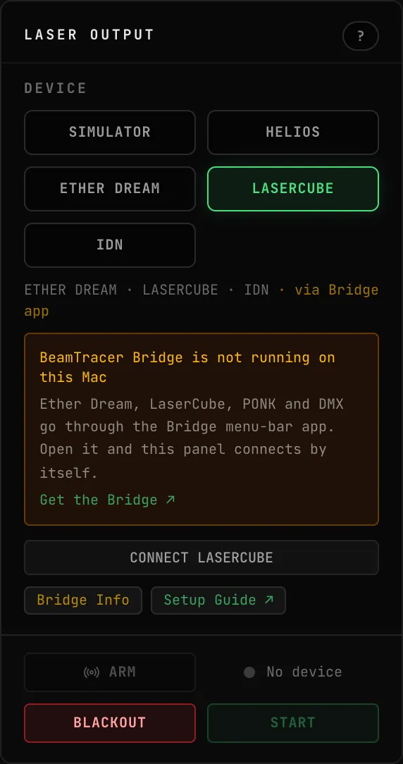 OSC-1's LASER OUTPUT panel with LASERCUBE selected in the DEVICE zone, a notice that BeamTracer Bridge is not running on this Mac with a Get the Bridge link, the CONNECT LASERCUBE button, Bridge Info and Setup Guide, and the ARM, BLACKOUT and START row