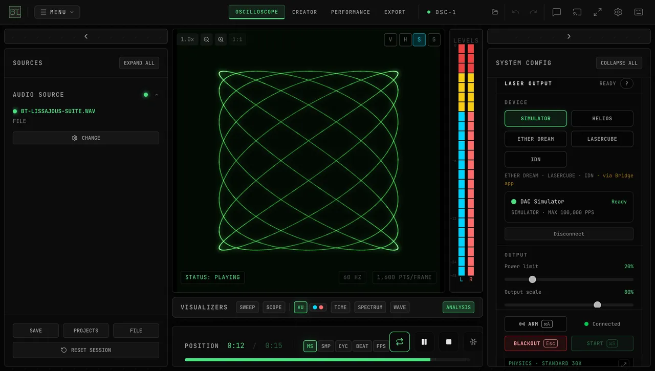 OSC-1 playing the Lissajous Suite as a file: a woven Lissajous figure on the scope, the LASER OUTPUT panel with SIMULATOR selected, the DAC Simulator connected and ready, Power limit at 20 percent, and the PHYSICS · STANDARD 30K preview label at the bottom