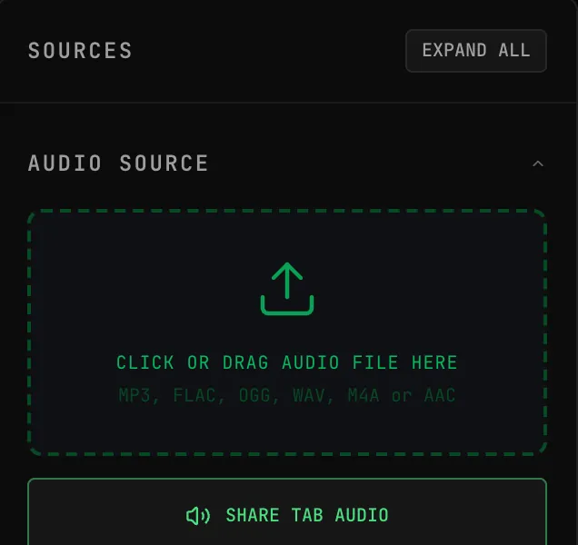 OSC-1's AUDIO SOURCE section before sharing: a CLICK OR DRAG AUDIO FILE HERE drop zone, the SHARE TAB AUDIO button and ALL SOURCES