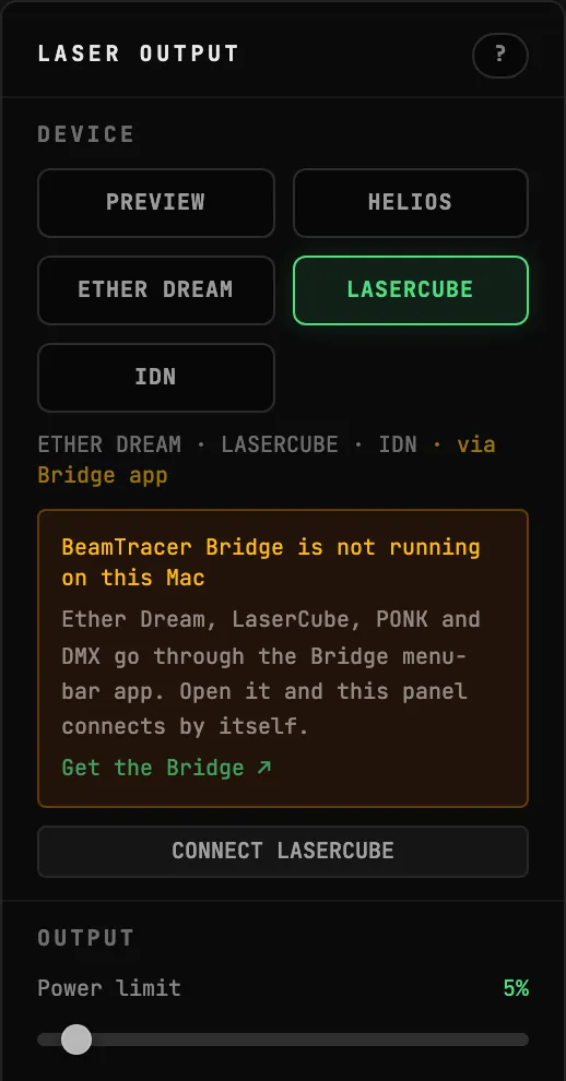 The LASER OUTPUT panel in the BeamTracer ILDA Viewer with LASERCUBE selected in the DEVICE zone, a notice reading BeamTracer Bridge is not running on this Mac, the CONNECT LASERCUBE button, and Power limit at 5 percent