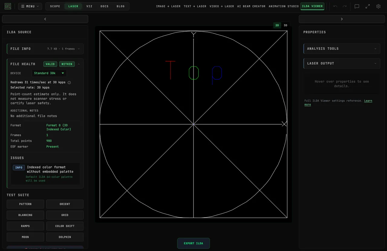 The BeamTracer ILDA Viewer with the ORIENT test pattern loaded: a square with both diagonals, a circle, horizontal and vertical axes marked X at the right and Y at the top, and the word Top in red, green and blue letters