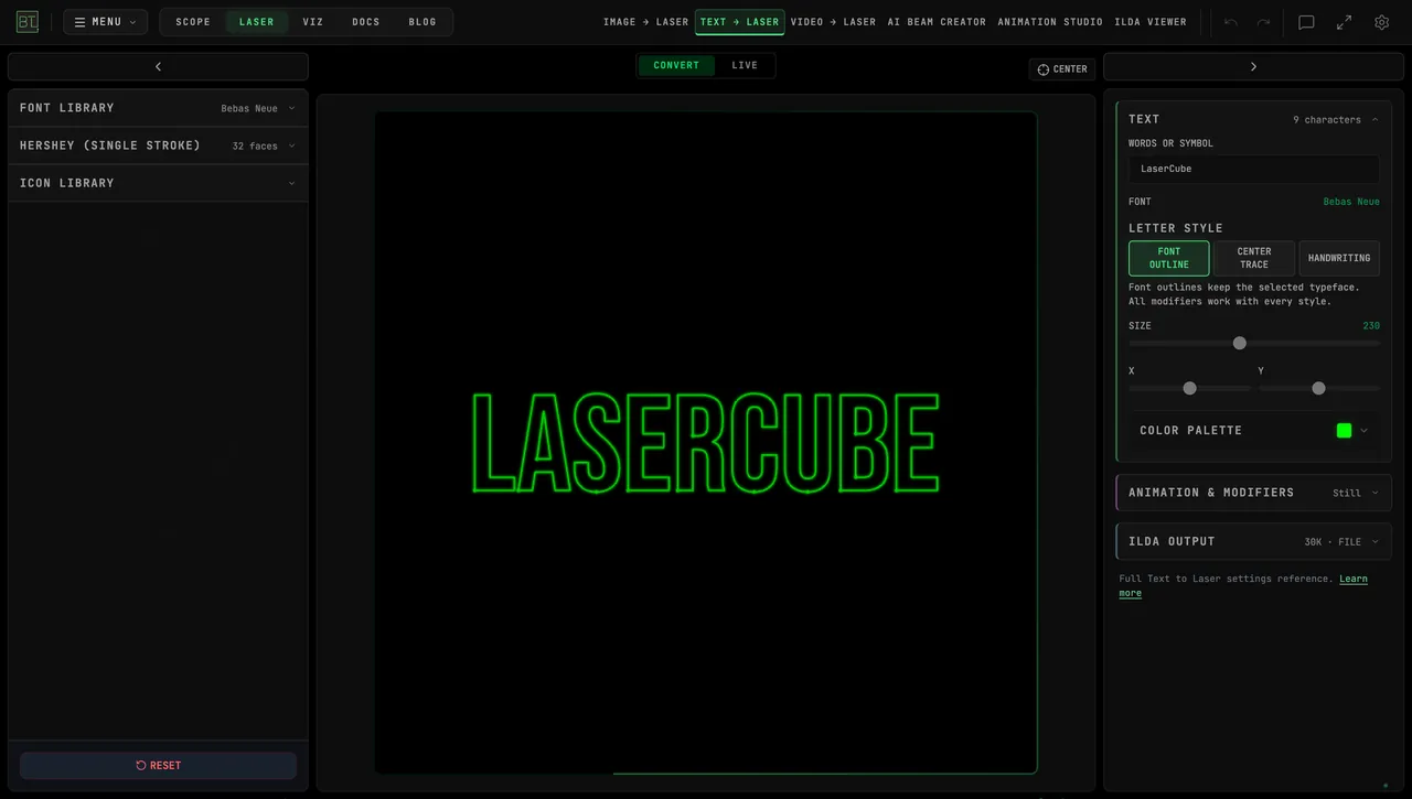 BeamTracer's Text to Laser in the browser, drawing the word LASERCUBE as green font outlines in Bebas Neue, with the TEXT panel on the right showing LaserCube typed under WORDS OR SYMBOL, FONT OUTLINE selected, SIZE 230 and the COLOR PALETTE swatch