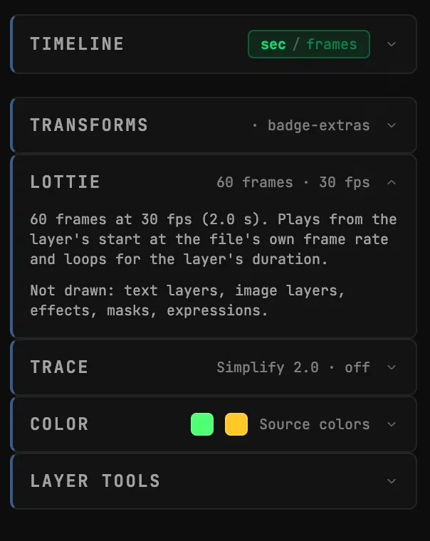 The PROPERTIES tab for a test Lottie layer: LOTTIE open, reading 60 frames at 30 fps (2.0 s), Plays from the layer's start at the file's own frame rate and loops for the layer's duration, and Not drawn: text layers, image layers, effects, masks, expressions