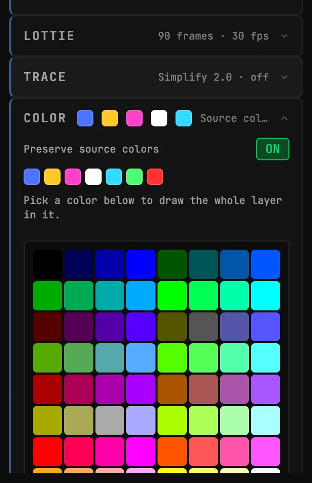 The PROPERTIES tab for the fireworks layer: LOTTIE reads 90 frames at 30 fps, and COLOR is open with Preserve source colors ON, seven swatches for the file's colors, the hint Pick a color below to draw the whole layer in it, and the palette