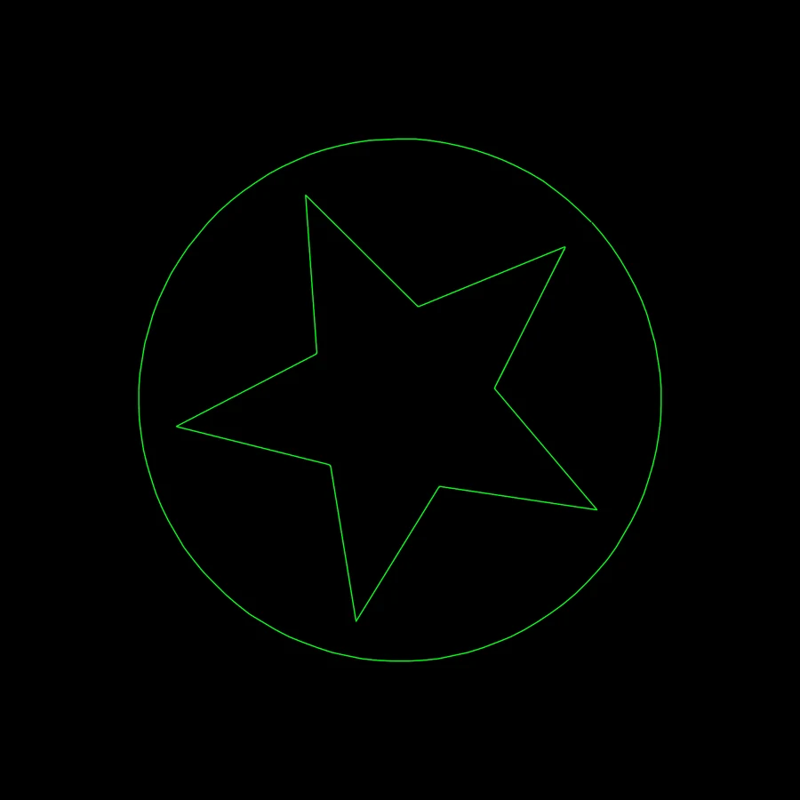 The LOTTIE STAR example in OSC-1's expanded output preview with Mirrors on IDEAL: a clean five-point star inside a ring, the figure as drawn with no scanner limits