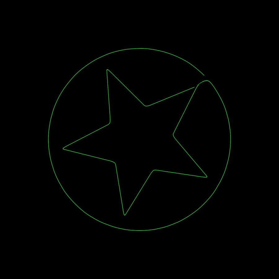 The same held frame in the preview with Mirrors on PHYSICS and Scanner on STANDARD 30K: the star's points rounded, and short stray marks around the jumps between the ring and the star