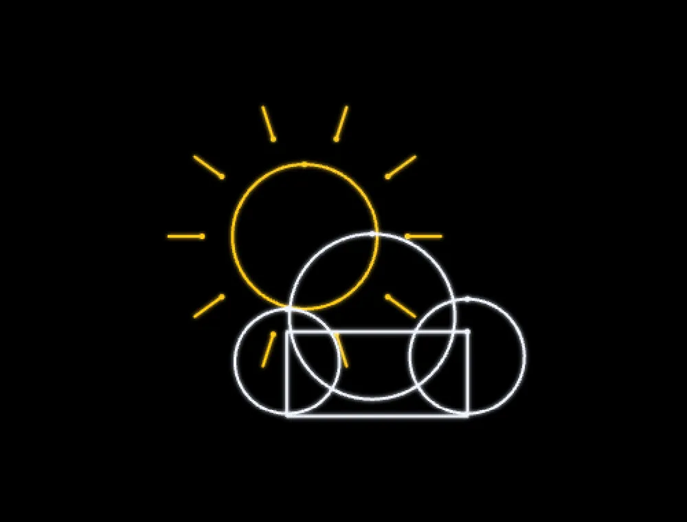 A flat weather icon built the usual way, traced as laser lines: the sun's full circle, all ten rays, three overlapping cloud circles and the rectangle under them, every edge visible through the others