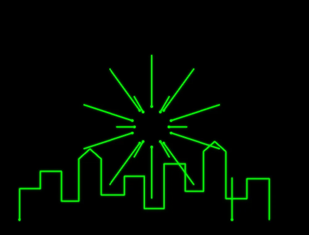 The same frame after picking green under COLOR: the burst, the trail and the skyline all drawn in one green