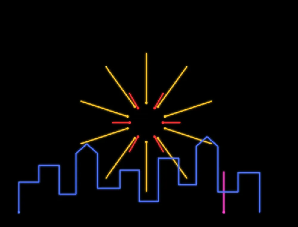 One frame of the fireworks Lottie on the Animation Studio canvas in the file's own colors: a gold burst with red glitter, a magenta rocket trail and a blue skyline