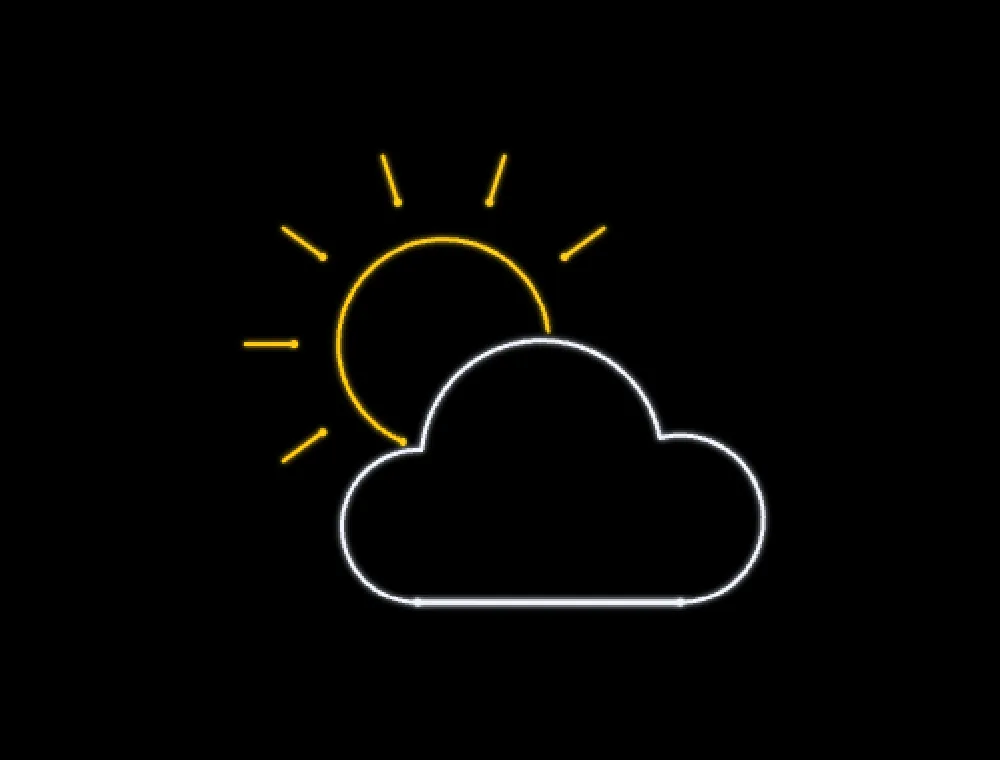 The same weather icon prepared for a laser: one clean cloud outline, the sun as the arc that shows above the cloud, and only the rays that are not behind it