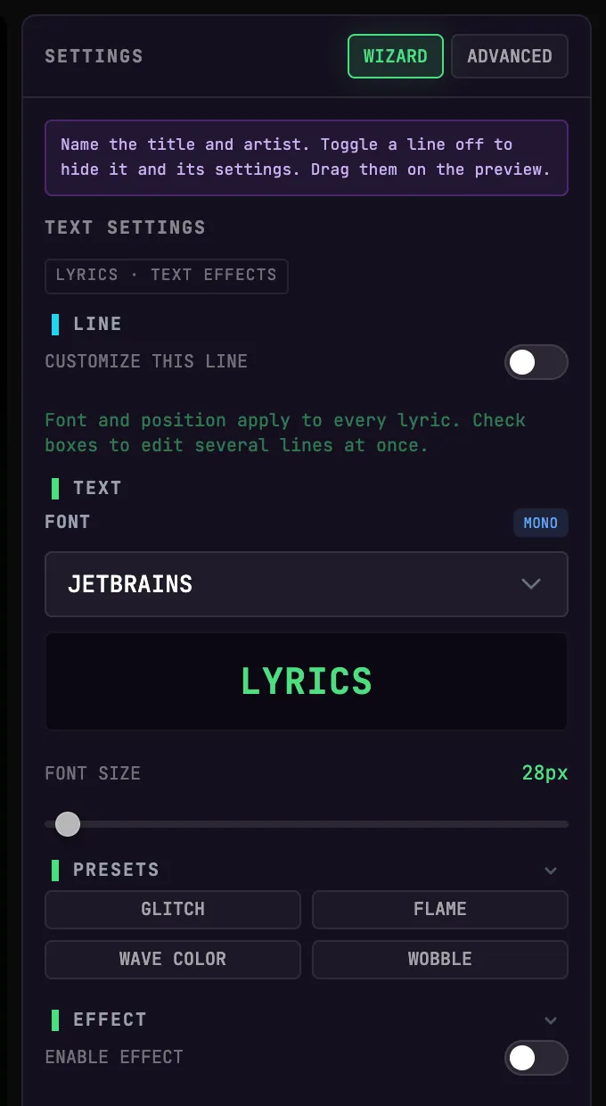 The lyrics text settings in BeamTracer Studio: font selector, size, presets and effects