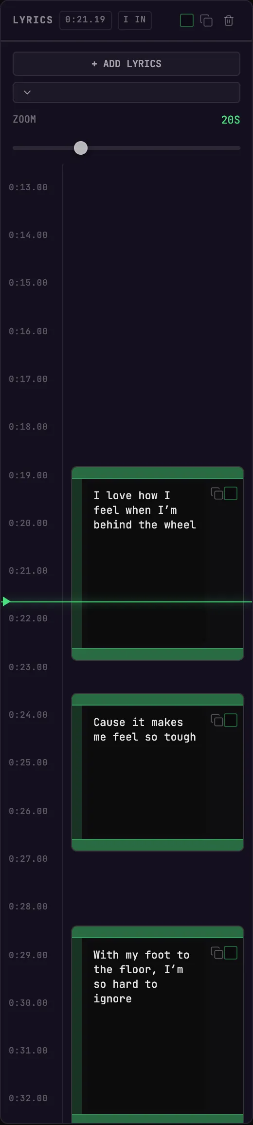 Lyric cues placed on the BeamTracer Studio timeline, each with its own start and end