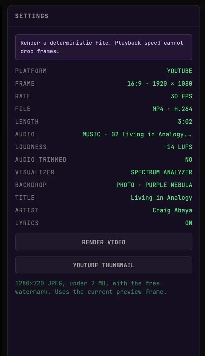 The export summary in BeamTracer Studio: platform, frame size, rate, file type, length, loudness and layers
