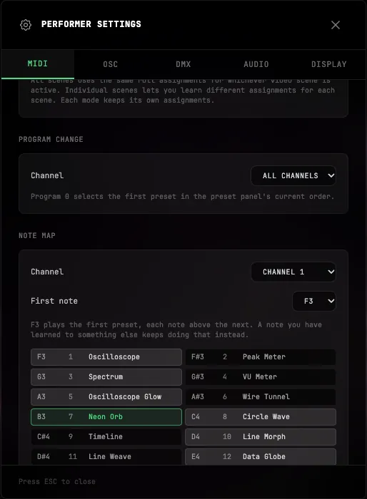 Note Map set to Channel 1 with First note and the preset assignment list visible