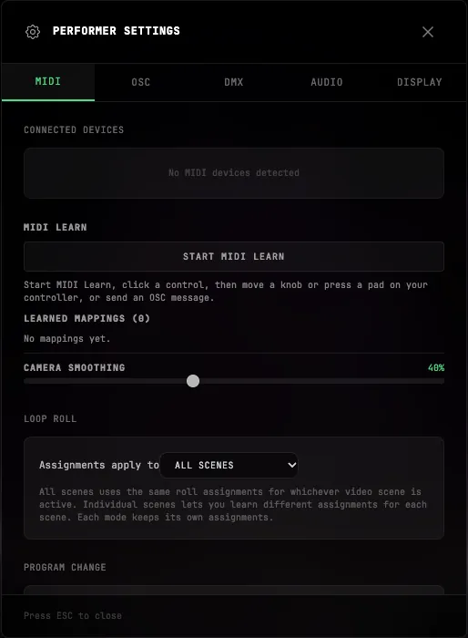 Performer Settings with Connected Devices, Start MIDI Learn and Program Change controls