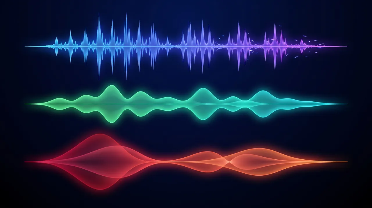Three stacked neon waveforms representing bass, mids and highs, wide and slow at the bottom, thin and busy at the top