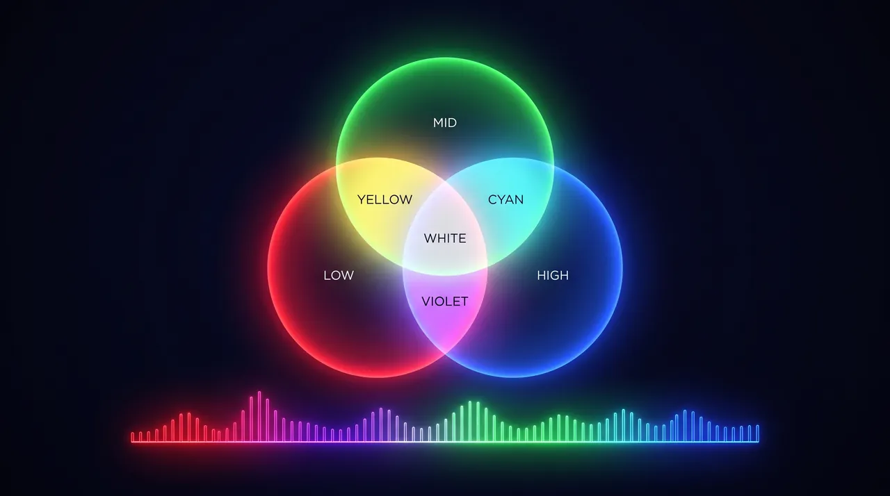 Venn diagram of EQ waveform colors: red low, green mid and blue high circles mixing to yellow, cyan, violet and white
