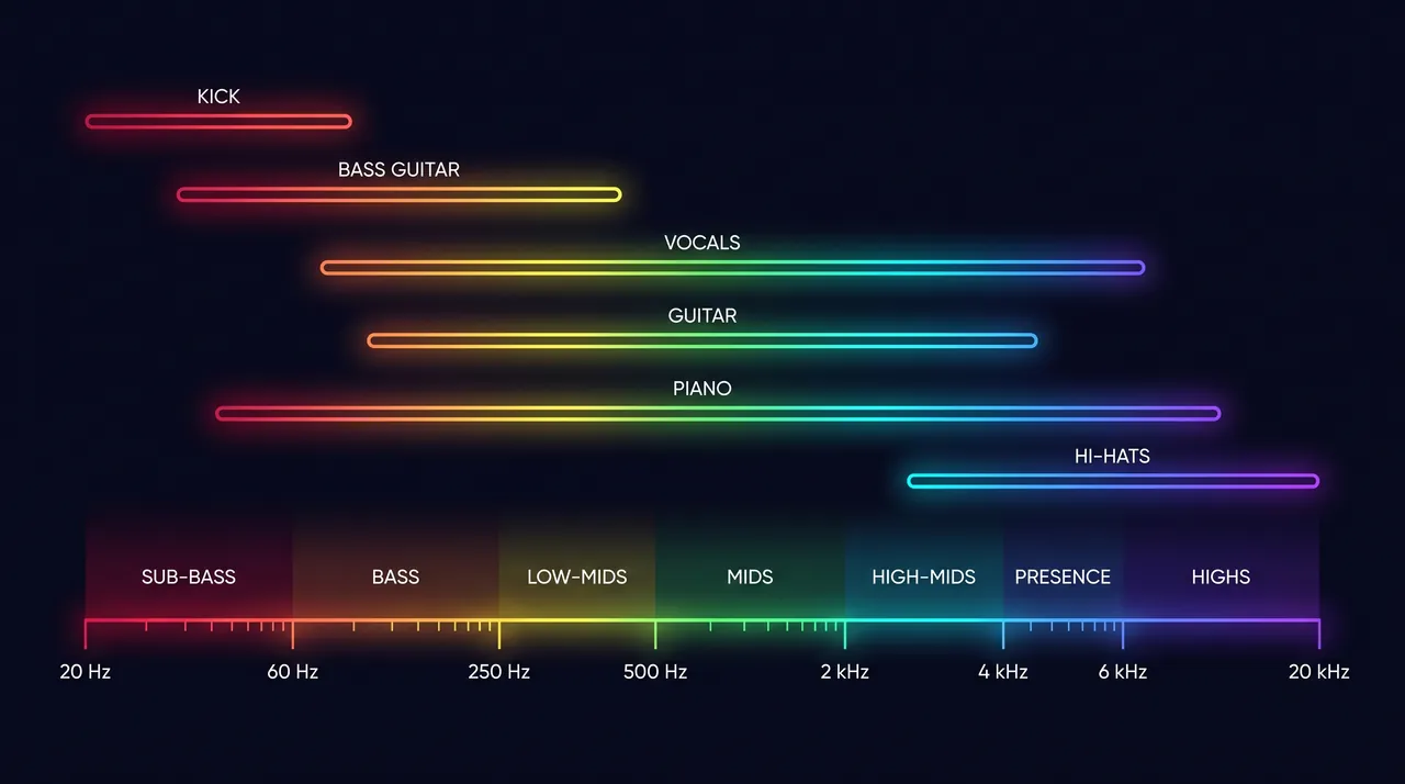 Music frequency band chart from 20 Hz to 20 kHz showing the seven bands and where kick, bass guitar, vocals, guitar, piano and hi-hats sit