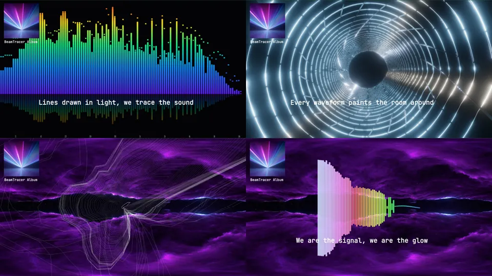 Four different visualizers on the same track, one keystroke apart, each with the album art and the synced lyric line