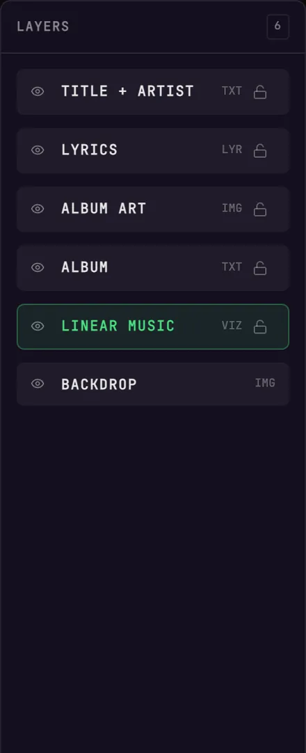 The BeamTracer Studio layers rail with title and artist, lyrics, album art, album, a visualizer and the backdrop stacked