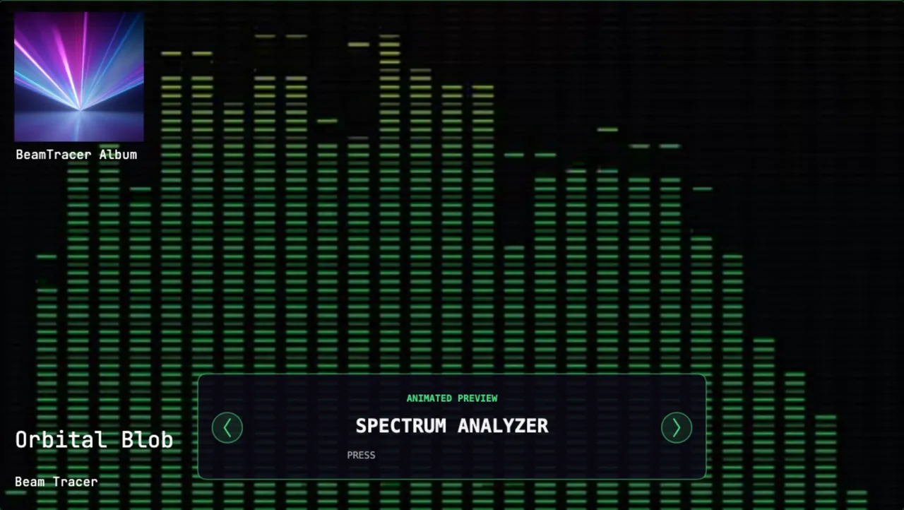 The BeamTracer Studio canvas showing the title, artist, album art and a synced lyric line, all read from the file's tags