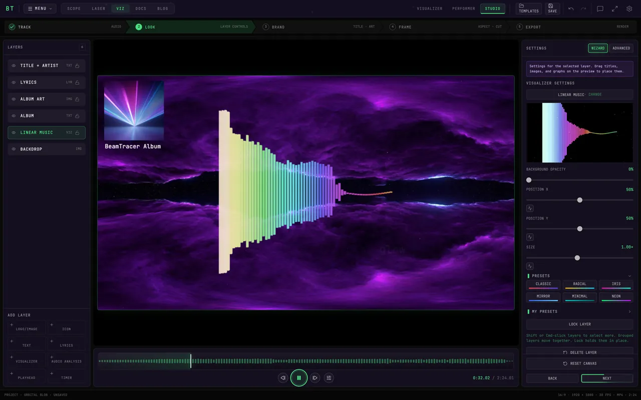 The BeamTracer Studio editor with a music visualizer, the layers rail and the settings panel