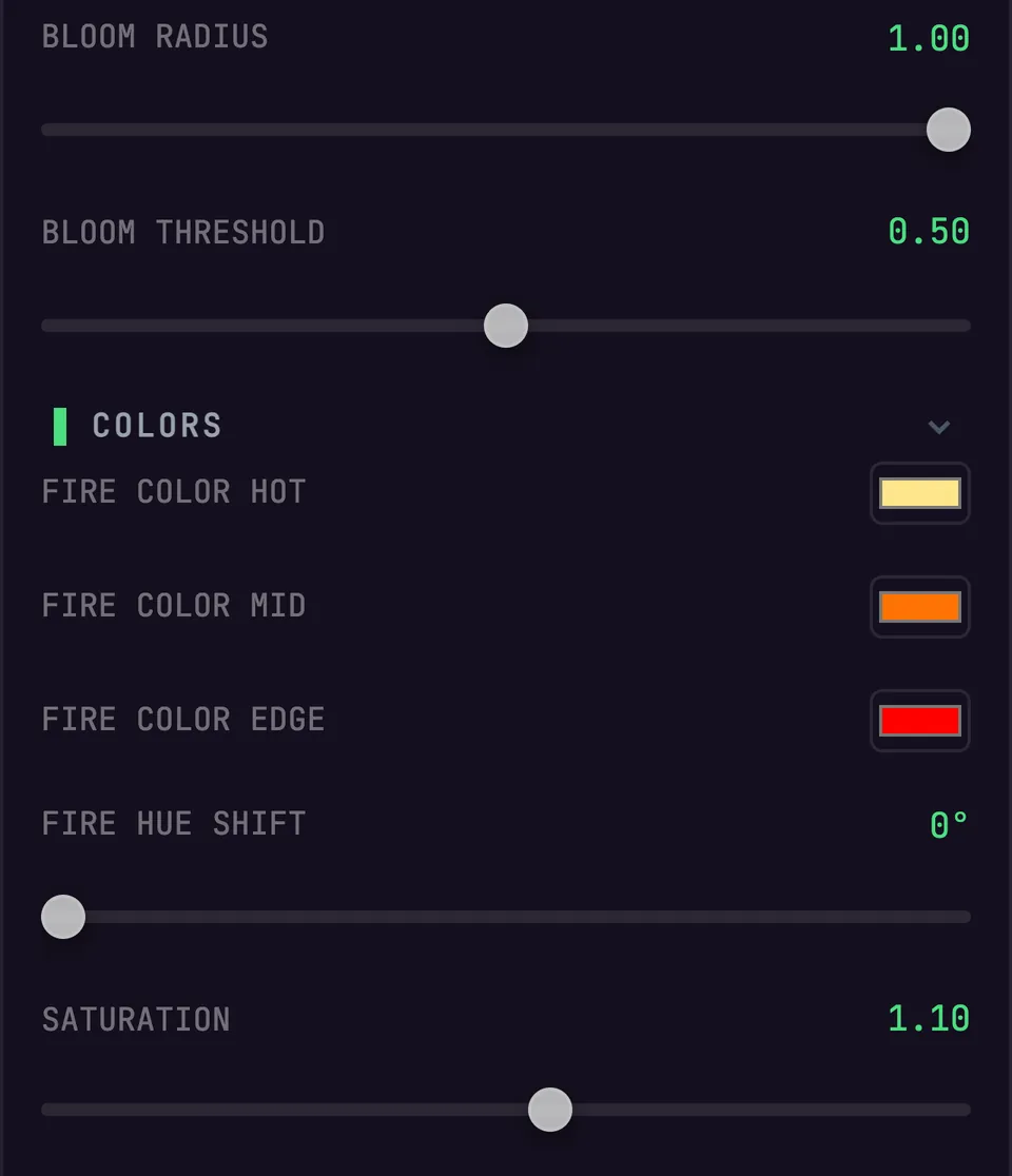 The COLORS group in the BeamTracer Studio settings rail, including the FIRE HUE SHIFT slider