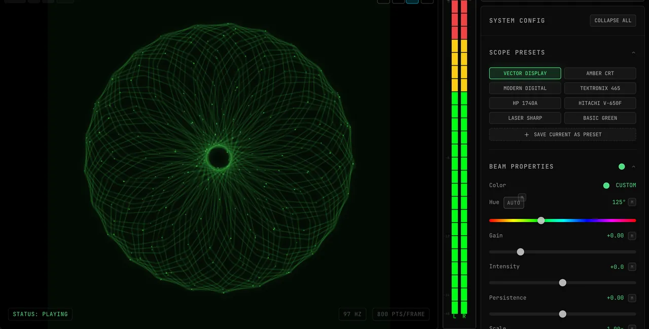 The OSC-1 display controls beside a rendered figure — scope presets and beam properties including gain, intensity and persistence