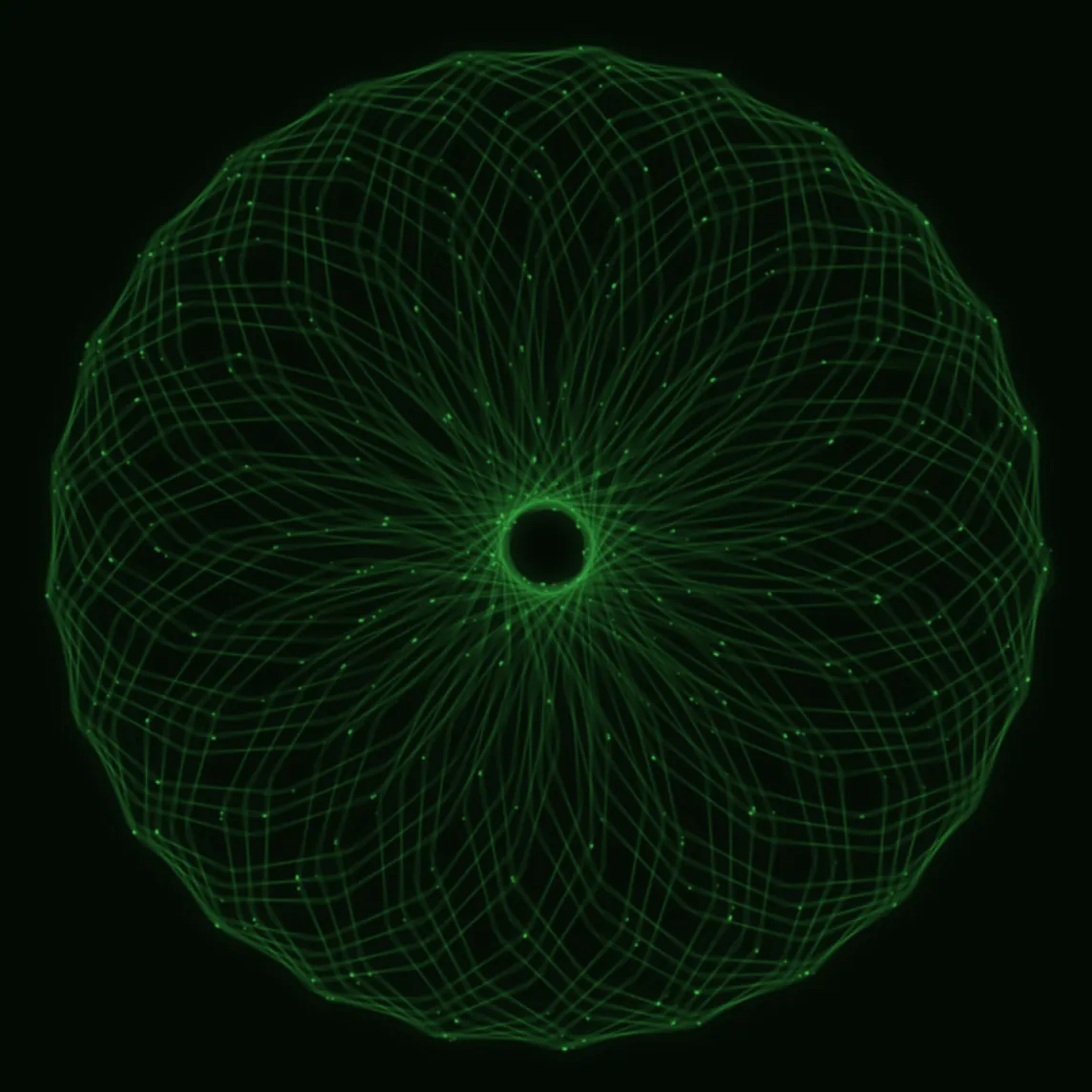 A dense rosette on the same oscilloscope display, every stroke dim because the beam is spread over a far longer path, with bright hotspots where many lines converge