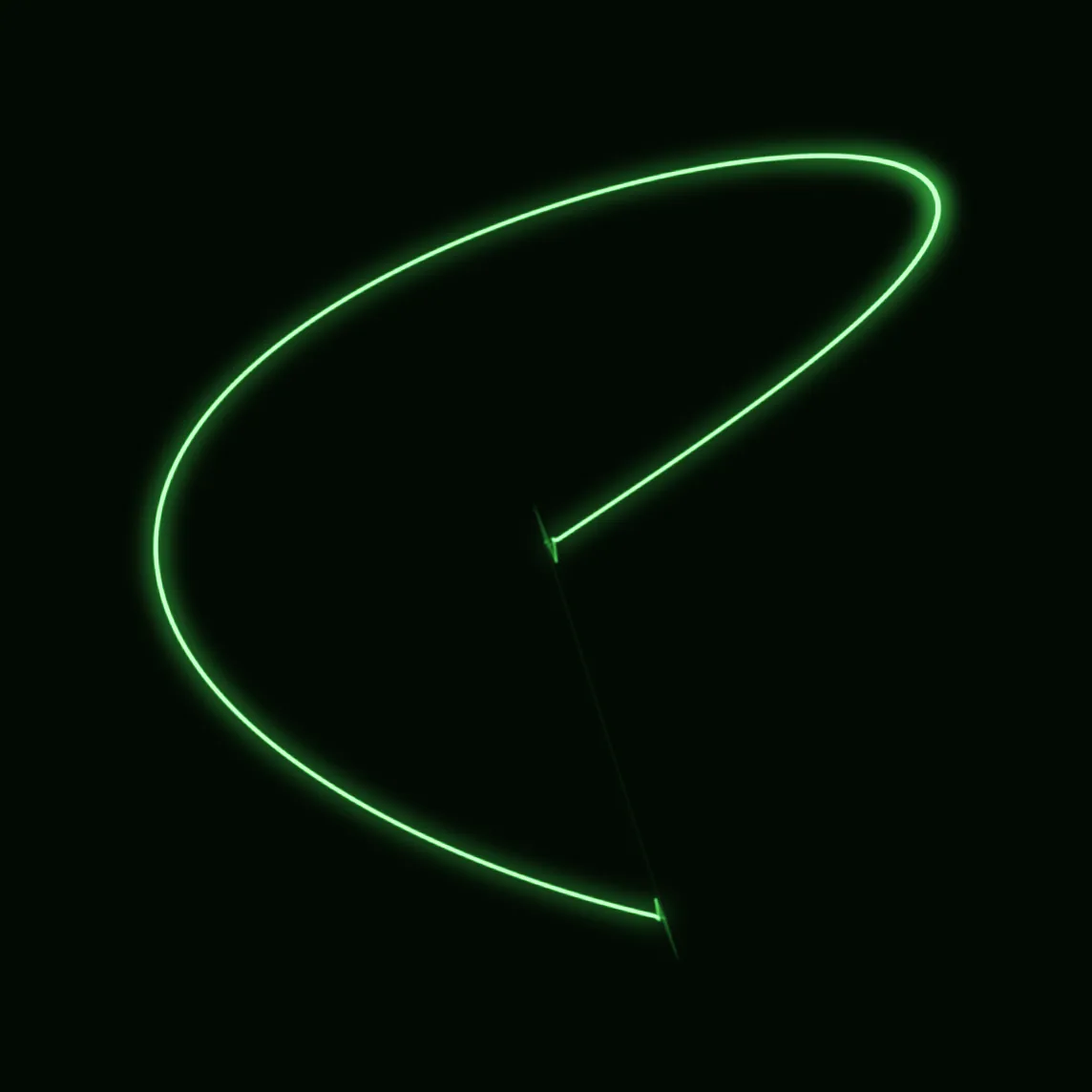 An oscilloscope figure drawn as a partial trace: a thick bright arc where the beam moves slowly, and a hairline diagonal where the same beam races back across the screen