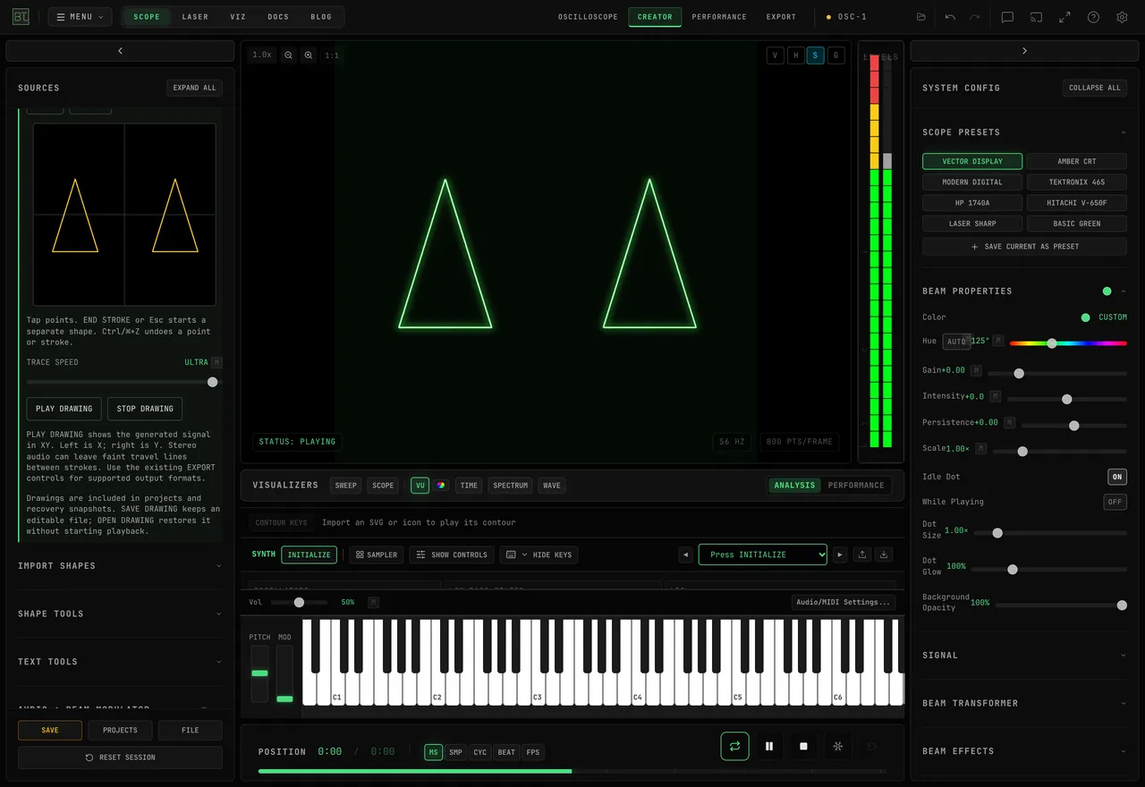 Two authored triangles in OSC-1 Drawing, with their outlines played through the native Vector Display preview