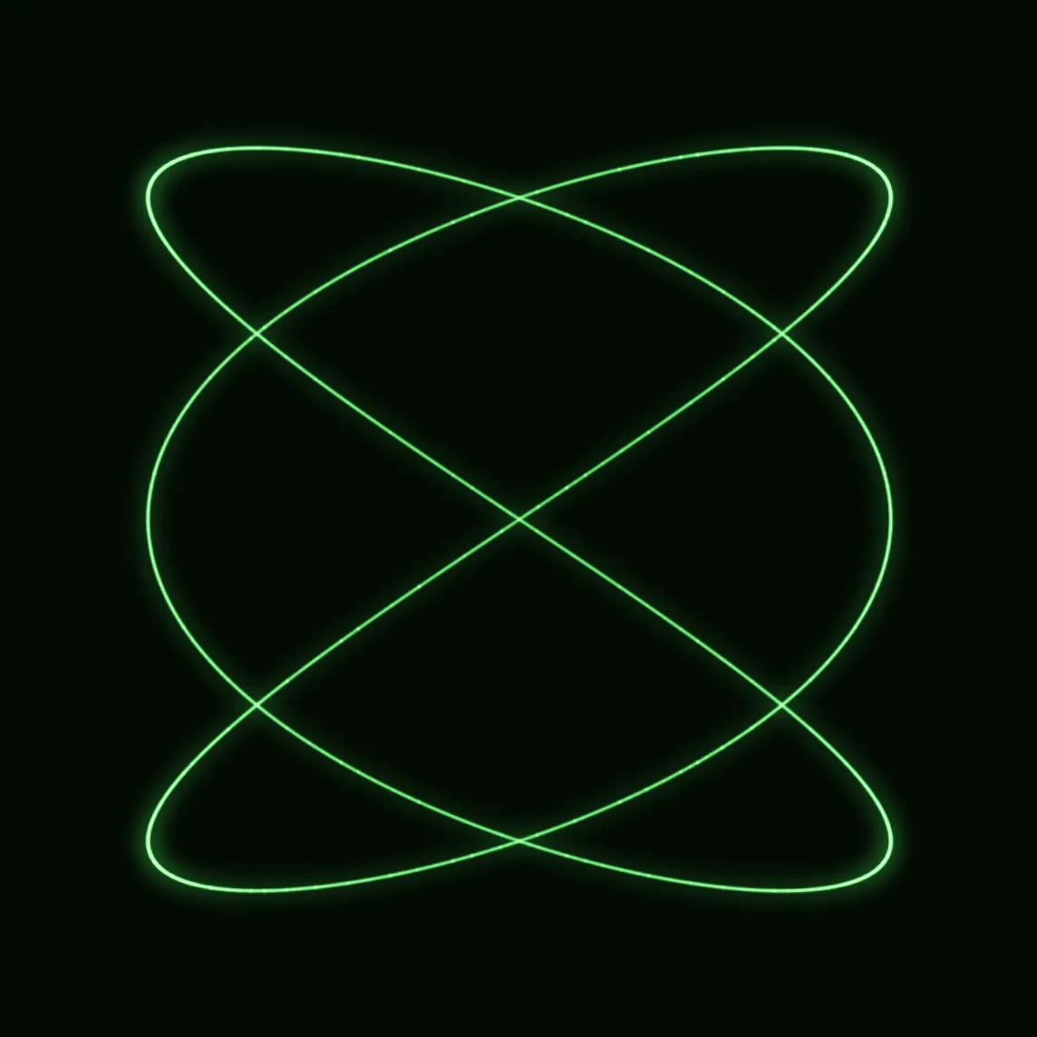 A 3:2 Lissajous figure on an XY oscilloscope display — a stable green curve produced by two whole-number frequencies, the visual form of a perfect fifth