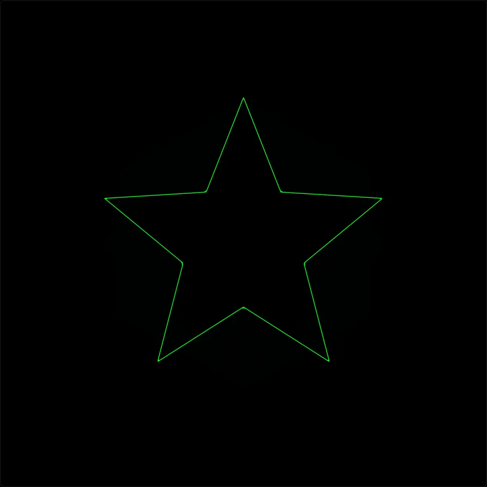 The star from OSC-1's Geometry track in the full-screen output preview with Mirrors on IDEAL: straight edges and sharp points, the figure as drawn with no scanner limits