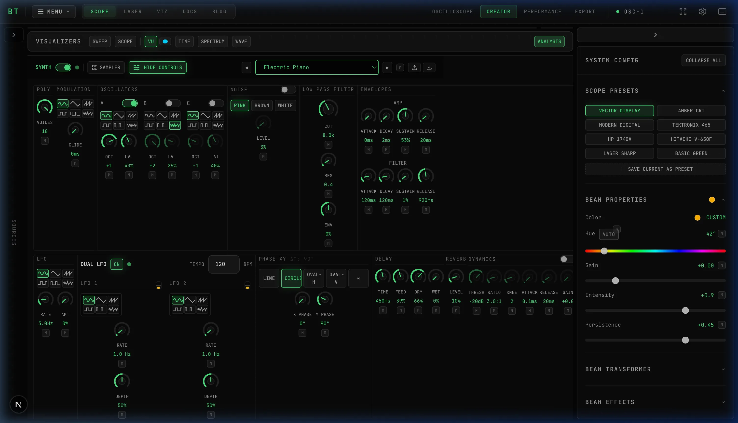 OSC-1 Creator mode showing 3-oscillator synth rack with ADSR envelopes, LFO, and Lissajous phase controls
