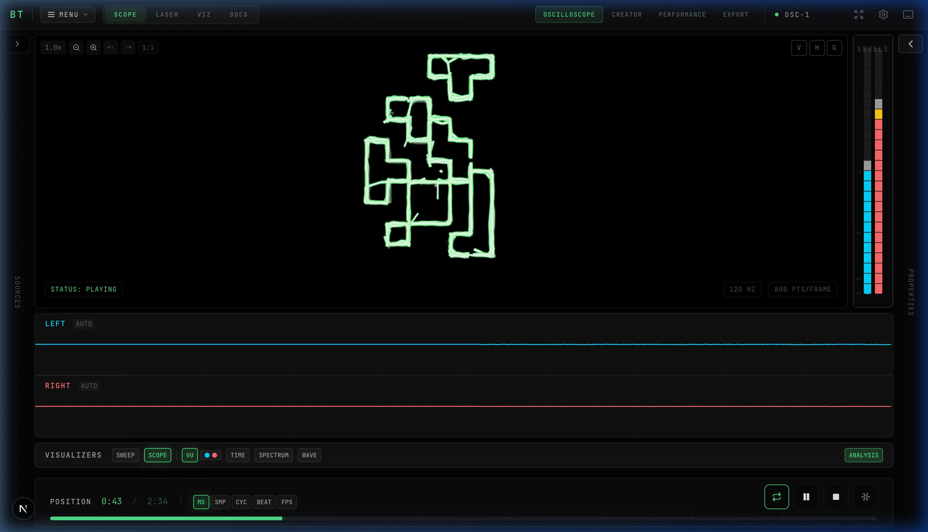 OSC-1 showing Tektronix preset with waveform channels and mode selector
