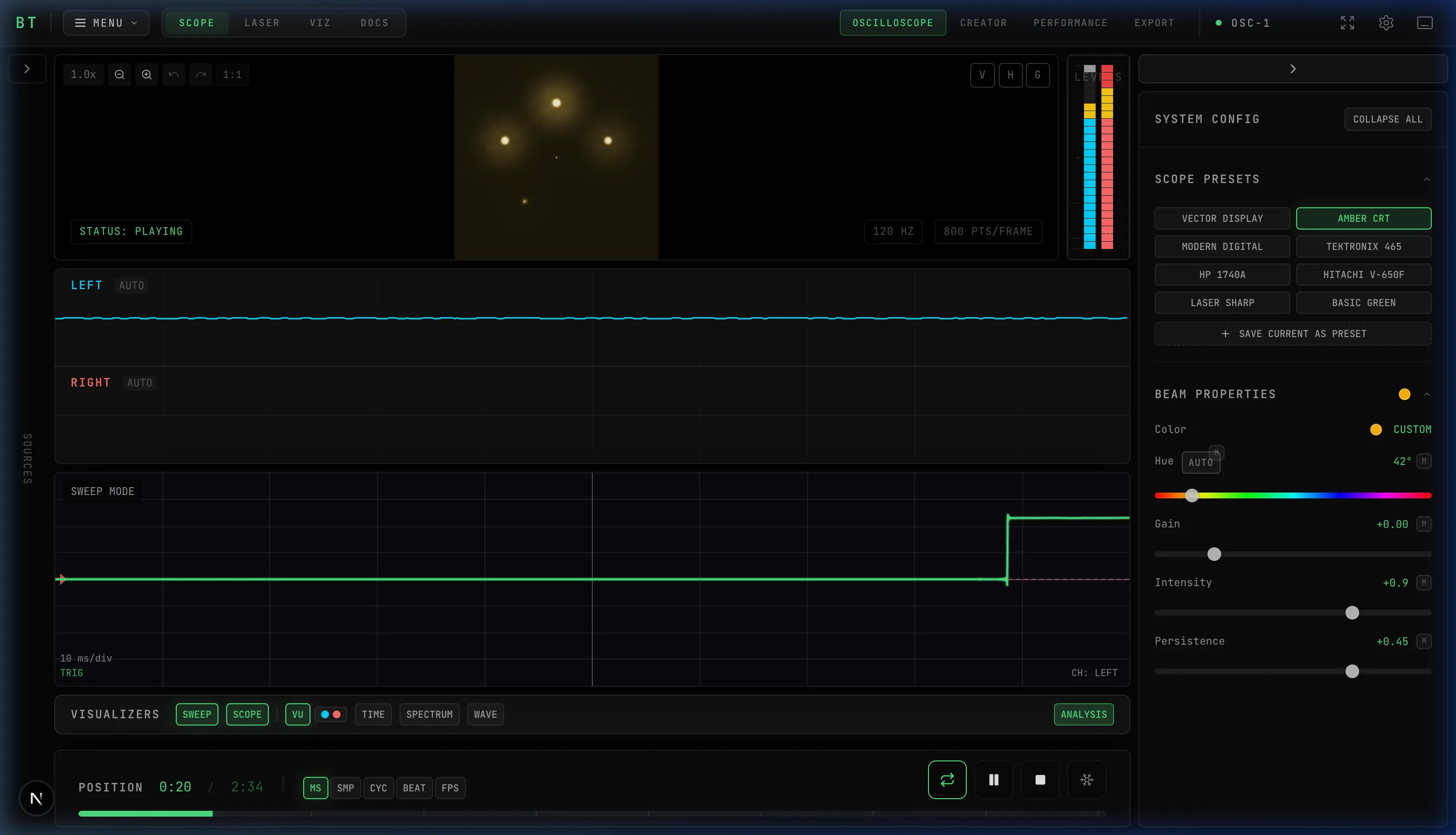 OSC-1 in SWEEP showing time-domain waveform analysis with Amber CRT preset