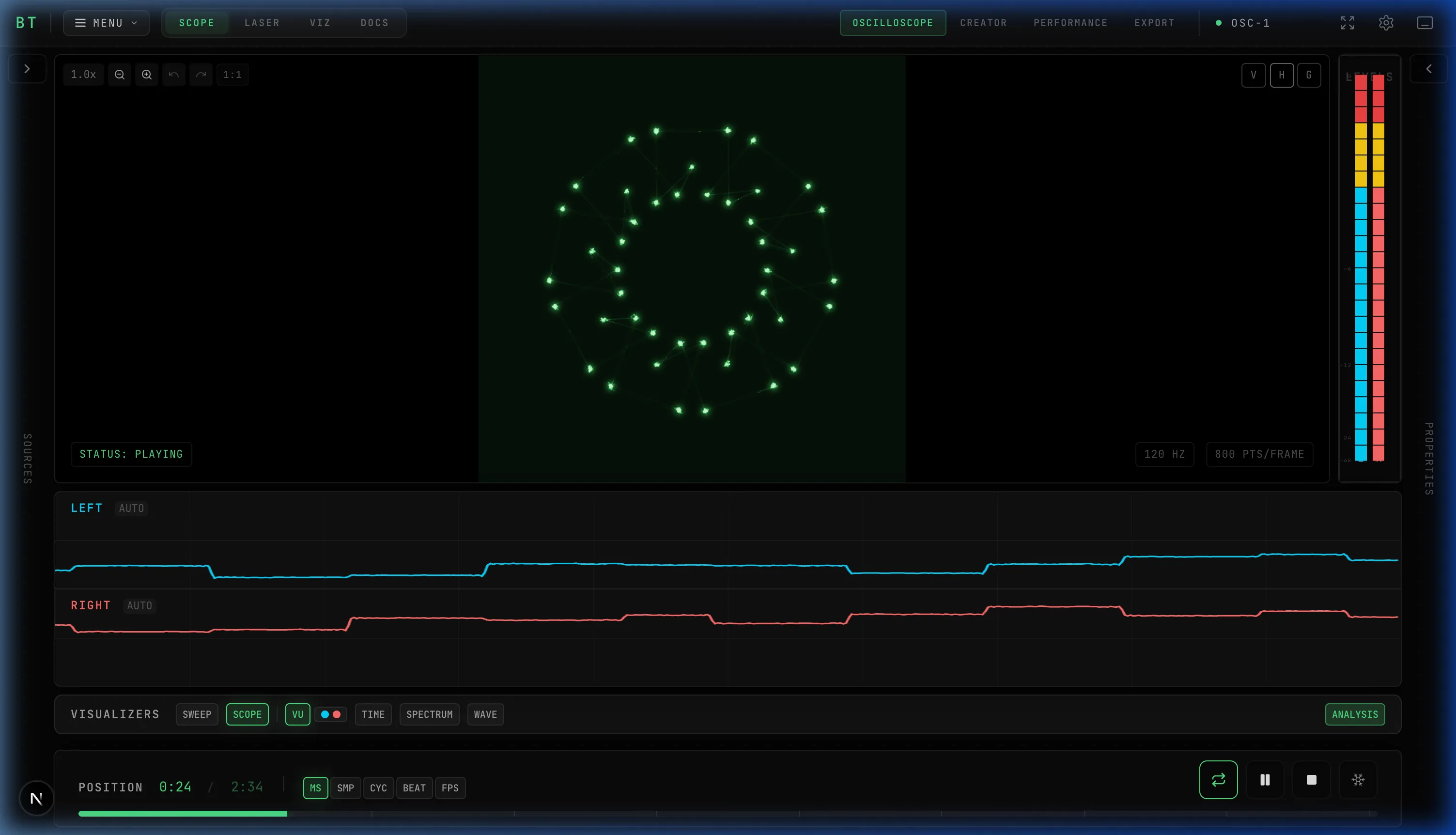 OSC-1 XY Scope mode rendering Lissajous patterns from a Jerobeam Fenderson track