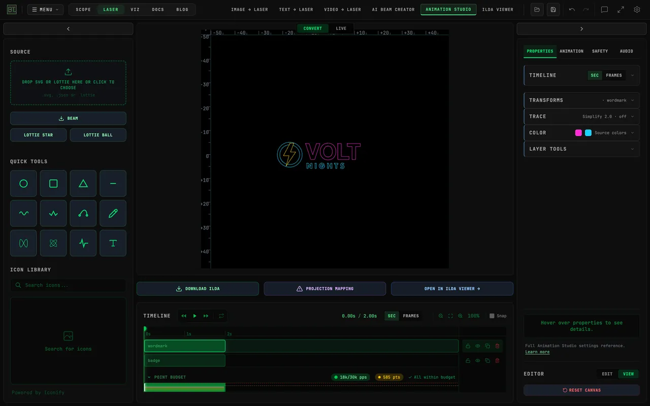 BeamTracer Animation Studio in VIEW mode with two layers built from the traced parts: the badge drawn as a cyan ring with a yellow bolt and the wordmark as magenta VOLT over cyan NIGHTS, COLOR under PROPERTIES reading Source colors with magenta and cyan swatches for the selected wordmark layer, wordmark and badge rows in the TIMELINE, and POINT BUDGET reading 18k/30k pps, 585 pts, All within budget