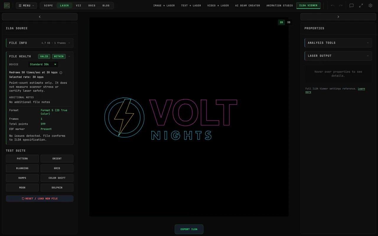 The BeamTracer ILDA Viewer with volt-nights-logo.ild loaded: FILE HEALTH reads VALID and WITHIN on Standard 30k, Redraws 50 times/sec at 30 kpps, Format 5 (2D True Color), 1 frame, 599 total points, EOF marker present and no issues detected; the preview shows the VOLT NIGHTS logo as magenta, cyan and yellow outlines