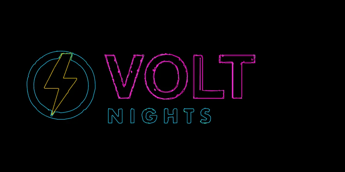 The VOLT NIGHTS JPG traced with COLORS at 8: the ring, bolt and letters are drawn twice with ragged extra contours around every edge, and stray marks sit inside the letters