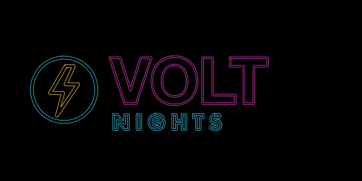A line-drawn version of the VOLT NIGHTS logo traced as Outlines: every stroke of the ring, bolt and letters is drawn as two parallel lines